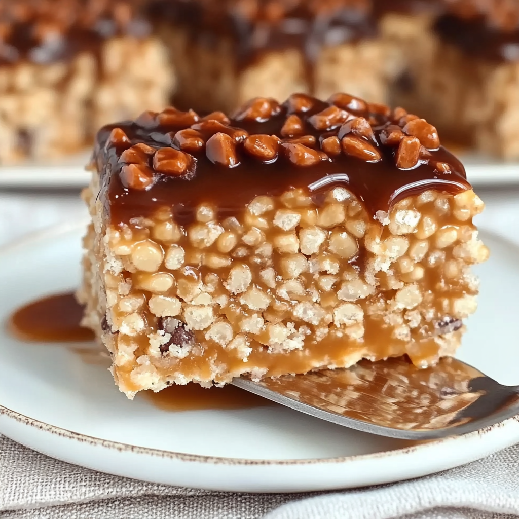 Recipe preparation for Caramel Turtle Rice Krispies Treats