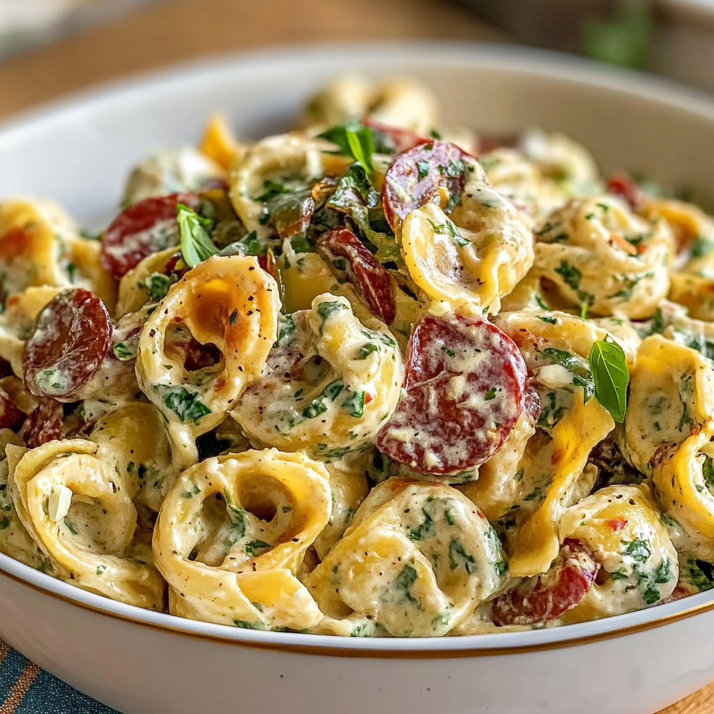 Recipe preparation for Creamy Tuscan Tortellini Pasta Salad