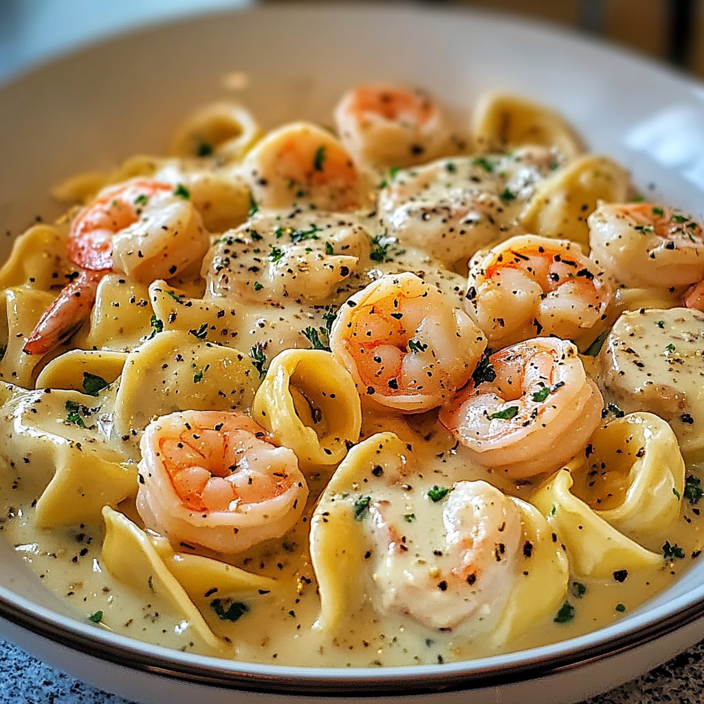 Recipe preparation for Creamy Tortellini Shrimp Alfredo