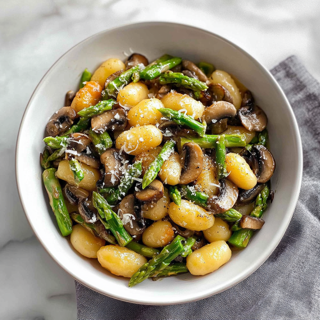 Recipe preparation for Sheet Pan Asparagus Mushroom Gnocchi Recipe