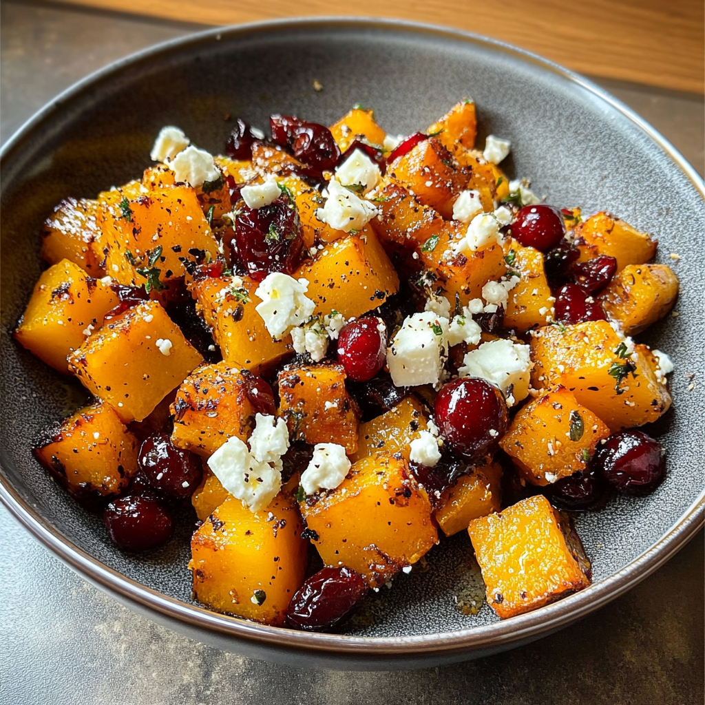 Recipe preparation for Roasted Butternut Squash with Cranberries and Feta