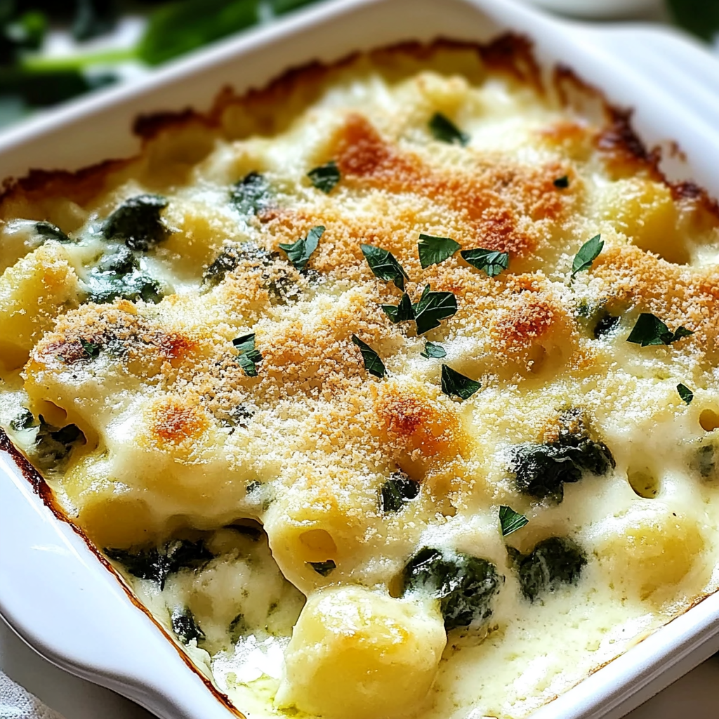 Recipe preparation for Spinach Artichoke Gnocchi Bake Savory Comfort Dish