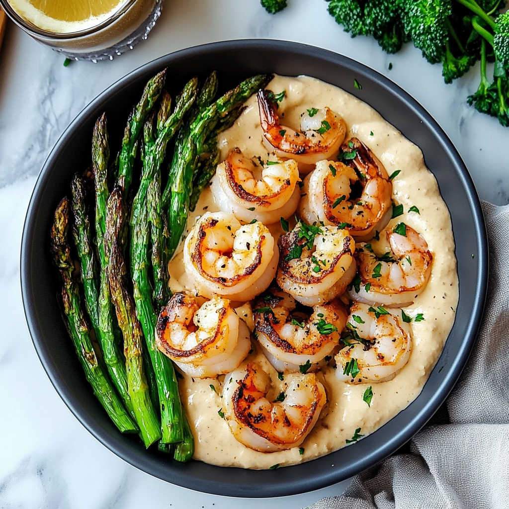 Recipe preparation for Grilled Shrimp Bowl with Asparagus & Creamy Garlic Sauce