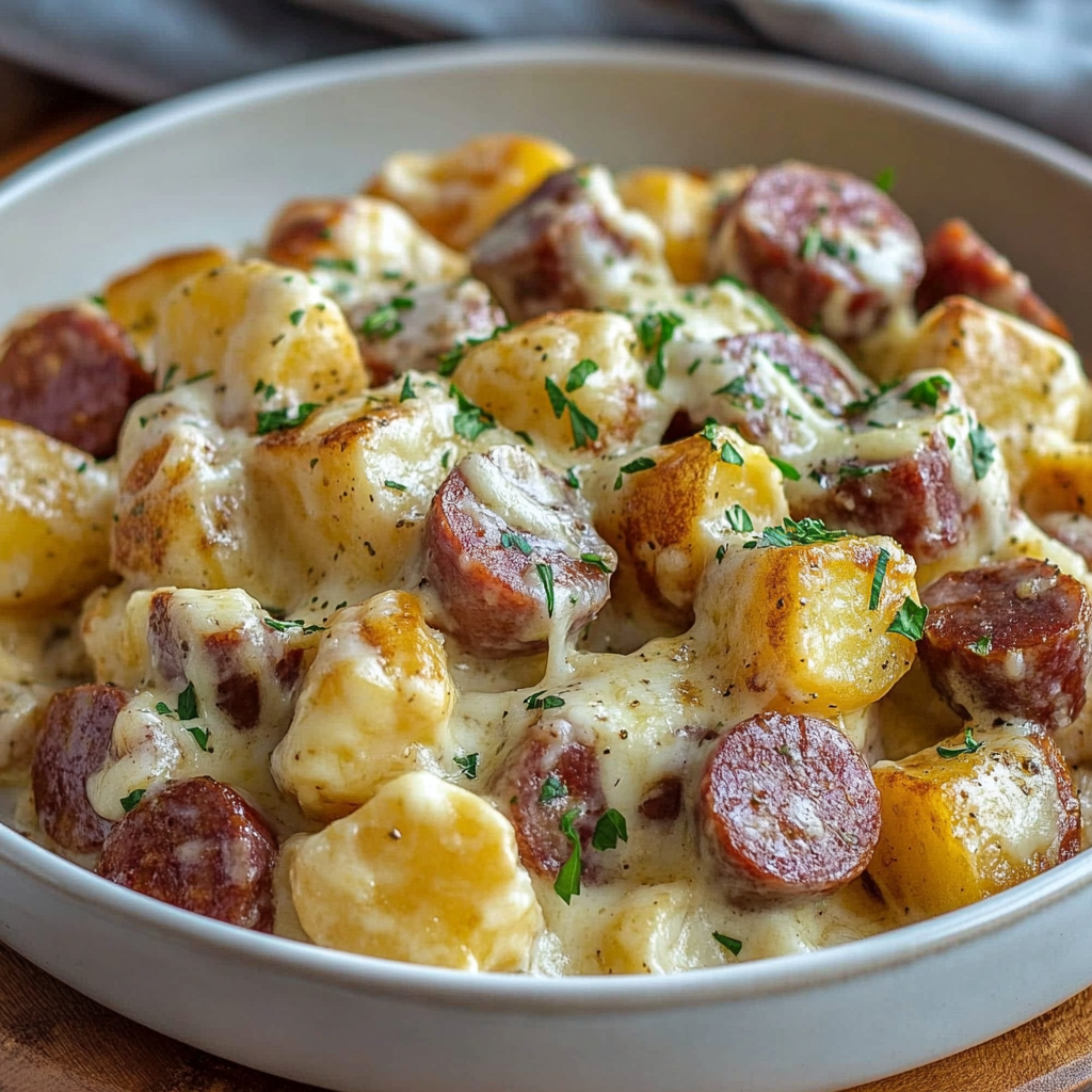 Recipe preparation for Smoky Kielbasa Cheesy Potatoes