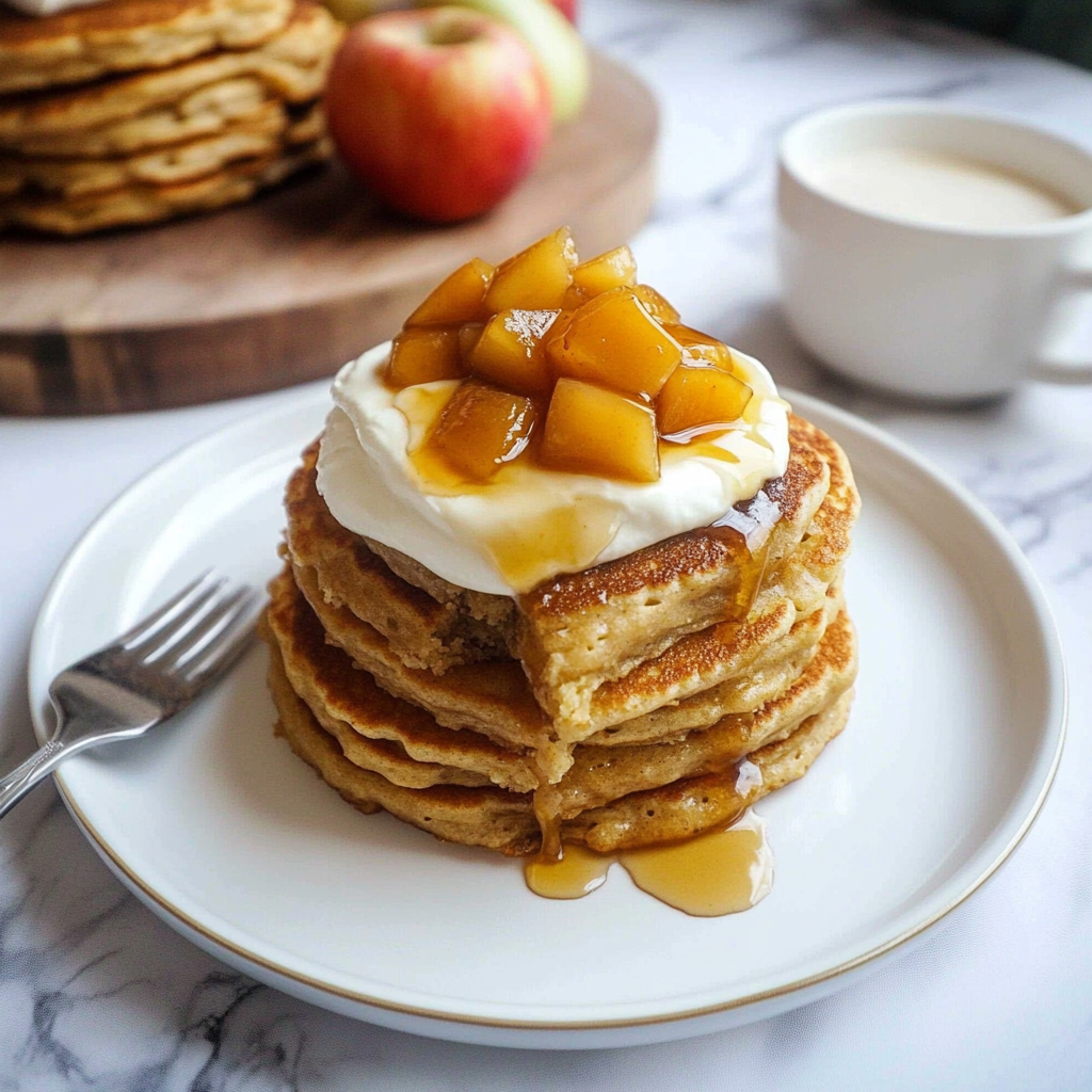 Recipe preparation for Fluffy Spiced Pancakes With Caramel Apple Compote