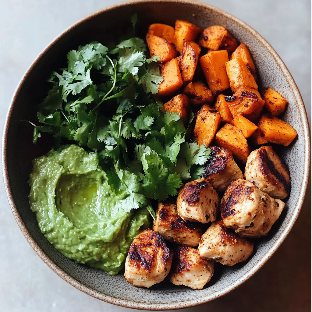 Recipe preparation for Easy Avocado Mojo Bowls with Sweet Potato and Chicken Delight