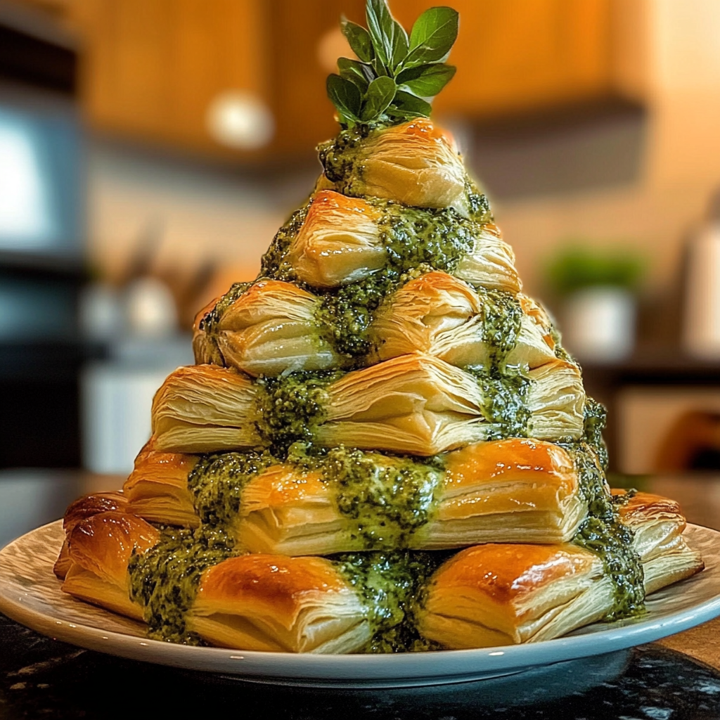 Recipe preparation for Basil Pesto Cheesy Puff Pastry Christmas Tree Recipe