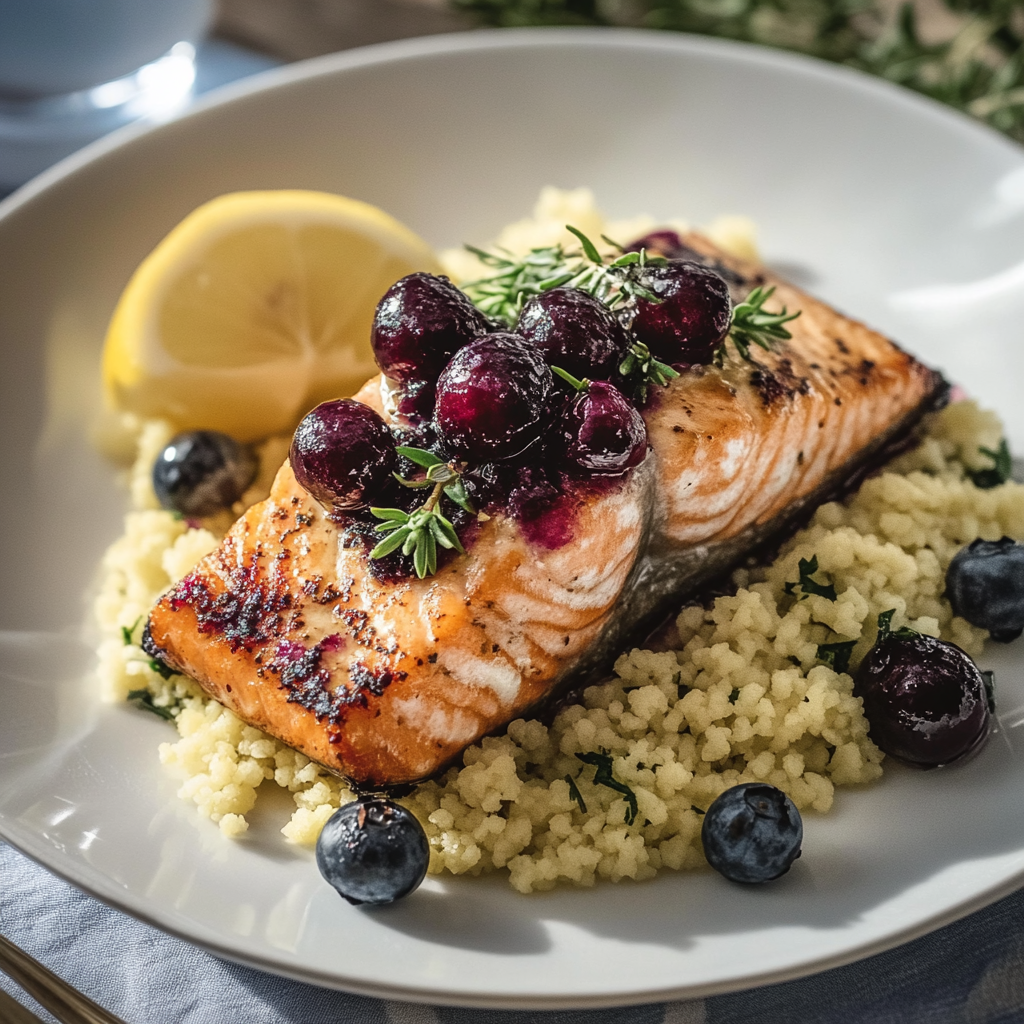 Recipe preparation for Blueberry Glazed Salmon with Lemon Herb Couscous