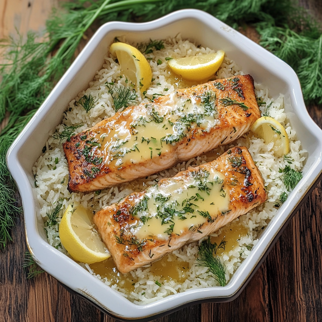 Recipe preparation for Baked Salmon With Dill Rice and Lemon-Honey Mayo Glaze