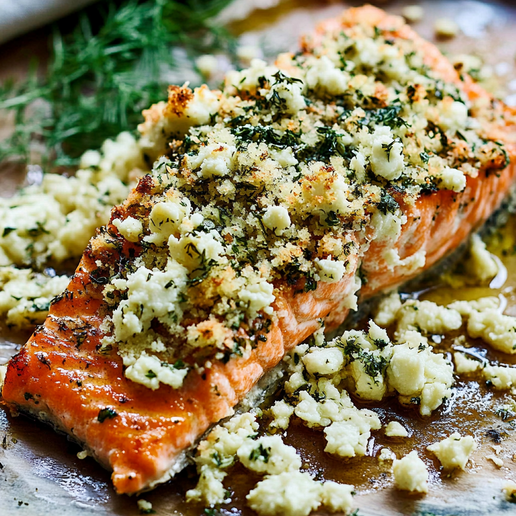 Recipe preparation for Feta Herb-Crusted Salmon