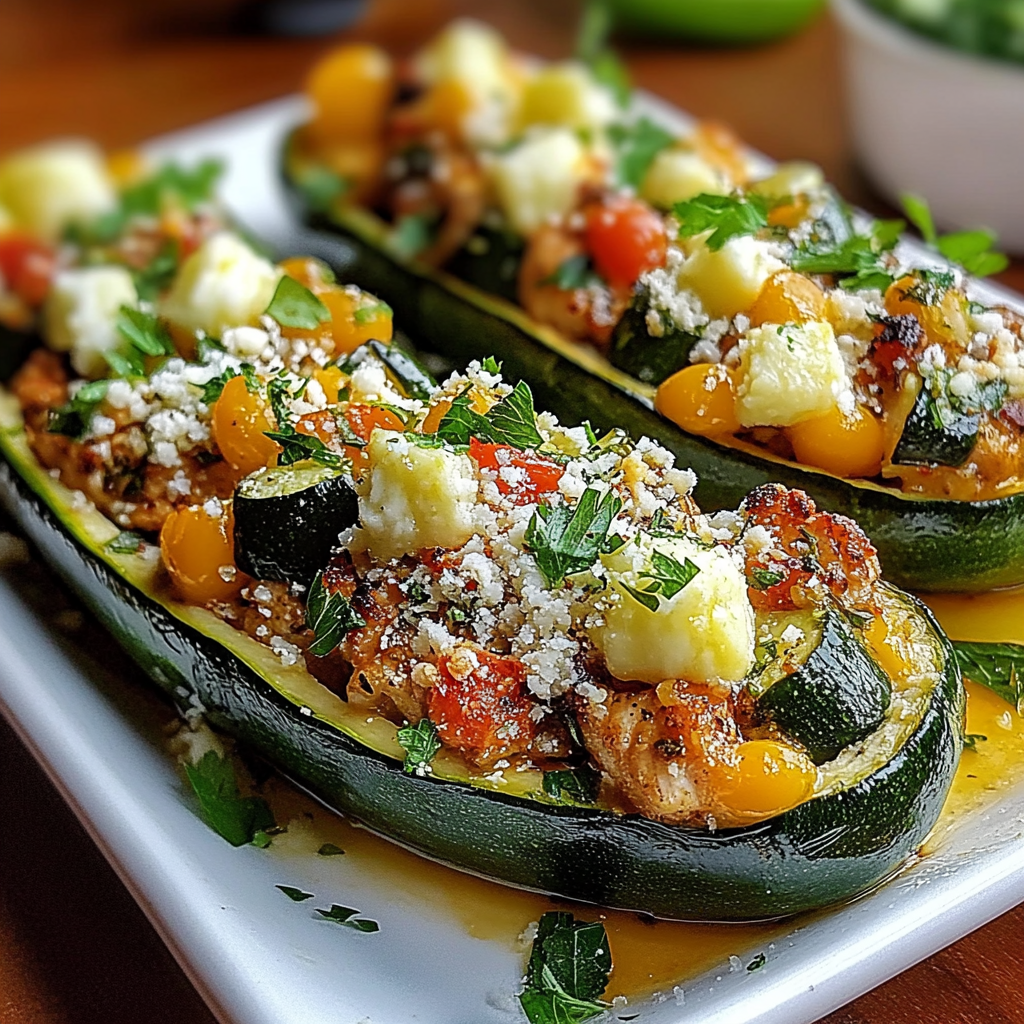 Recipe preparation for Mediterranean Chicken Zucchini Boats