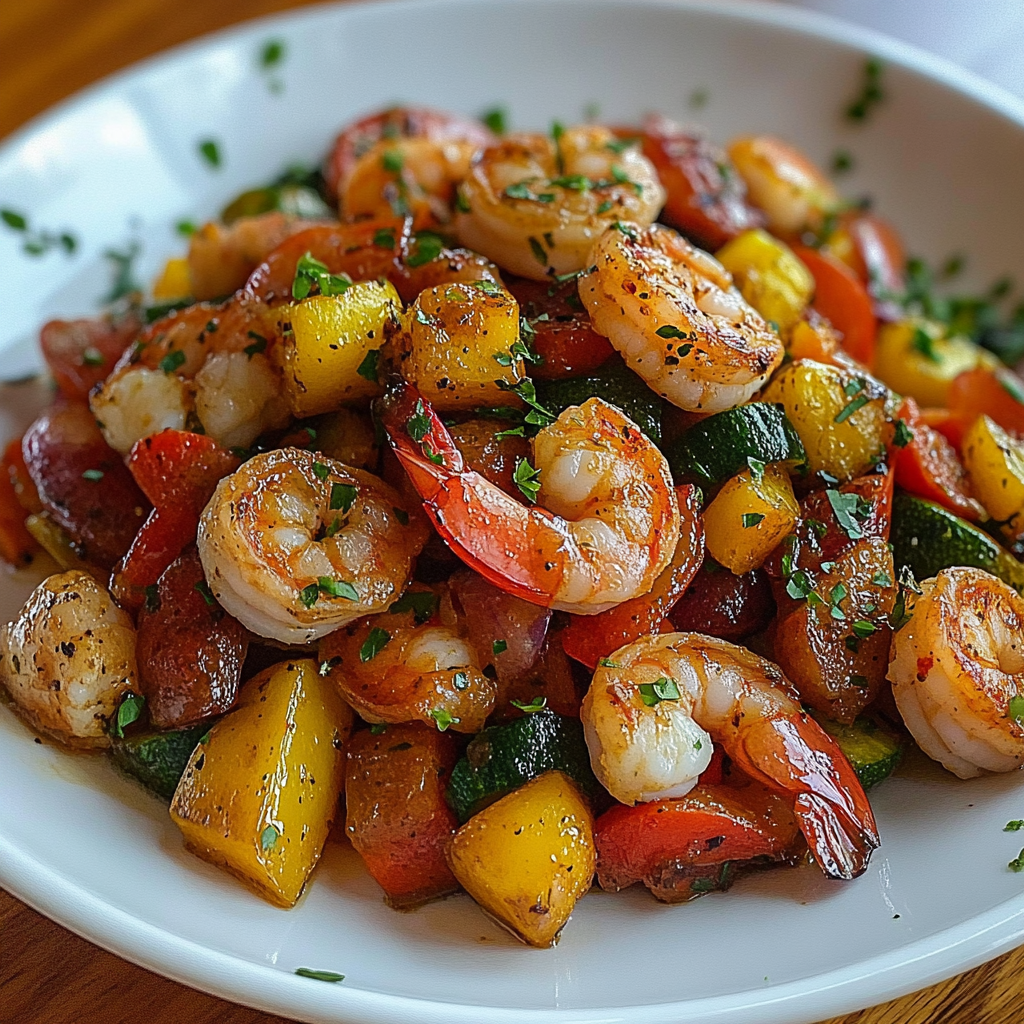 Recipe preparation for Shrimp and Sausage Veggie Skillet