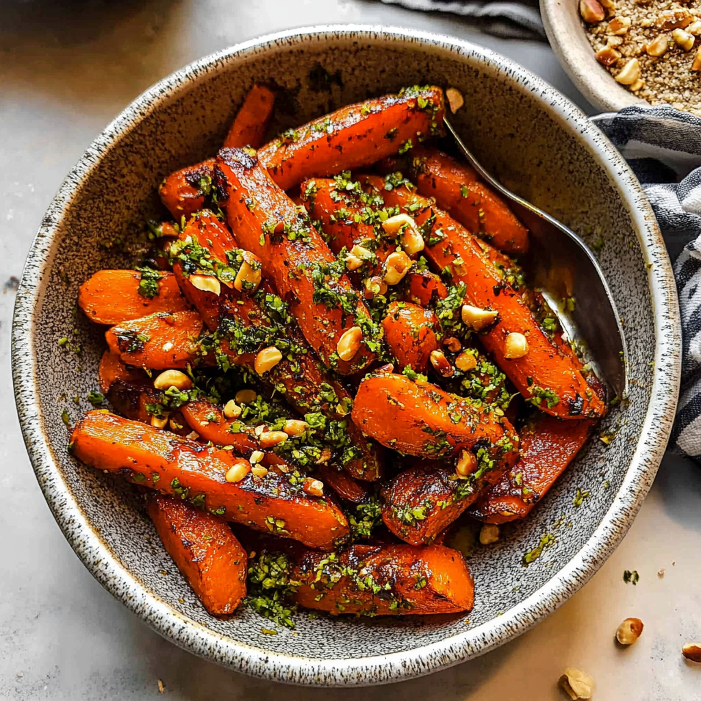 Recipe preparation for Coriander Roasted Carrots with Parsley and Pistachios