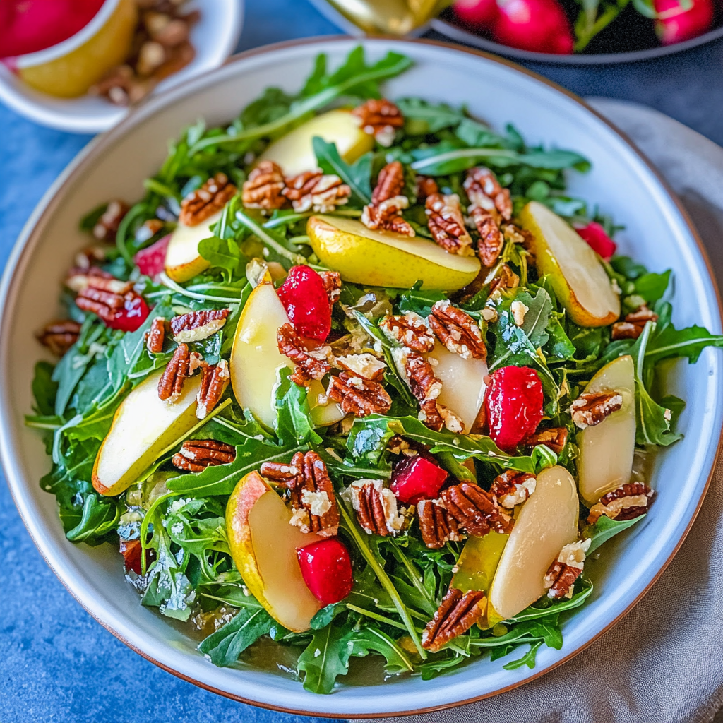 Recipe preparation for Arugula Pear Salad with Candied Pecans