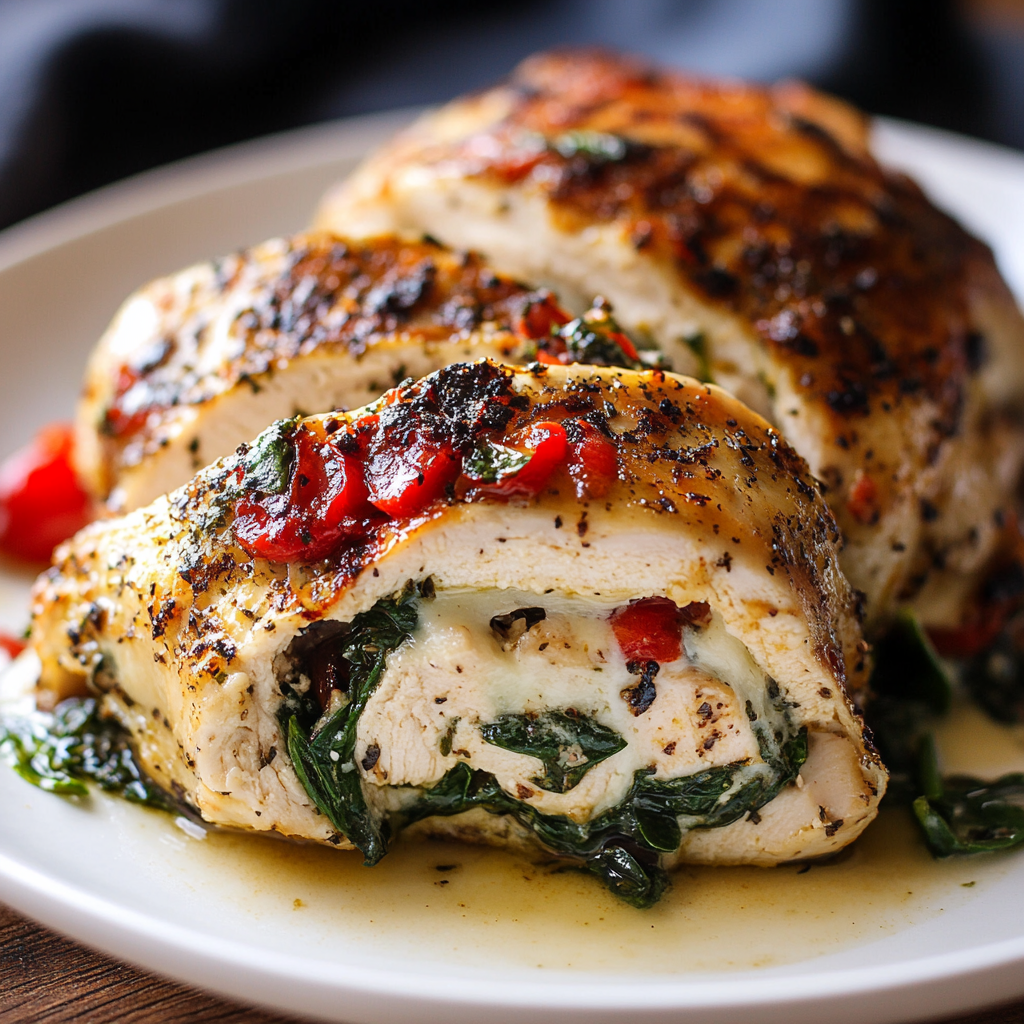 Recipe preparation for Roasted Red Pepper Spinach Mozzarella Stuffed Chicken