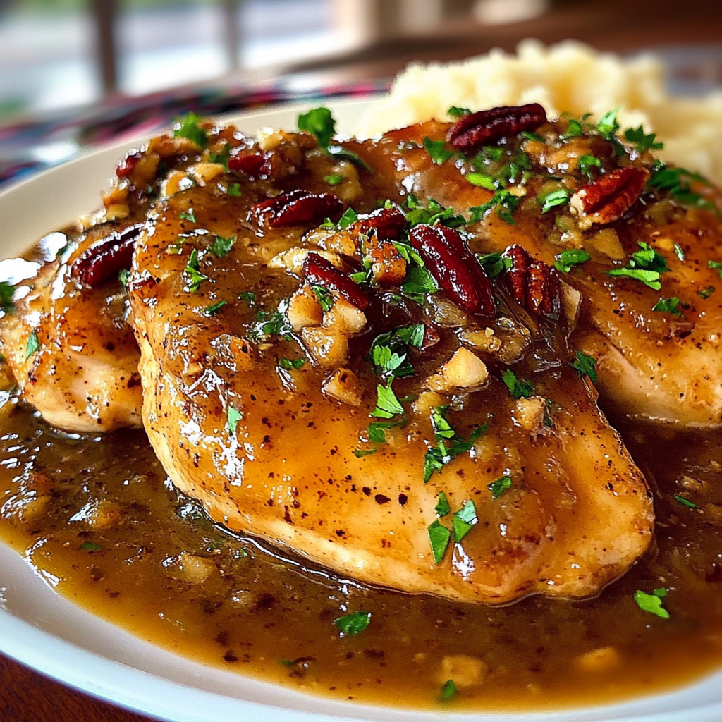Recipe preparation for Maple Bourbon Pecan Chicken
