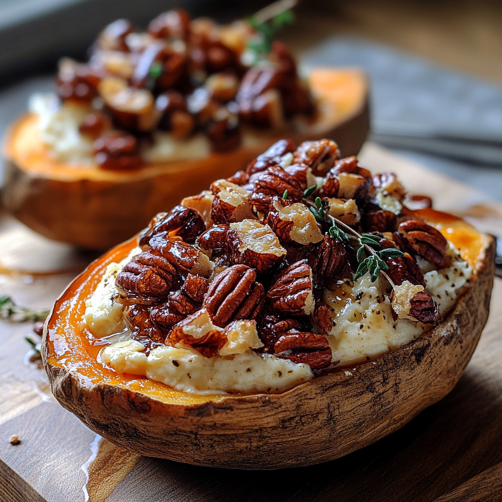 Recipe preparation for Maple Pecan Brie Sweet Potatoes