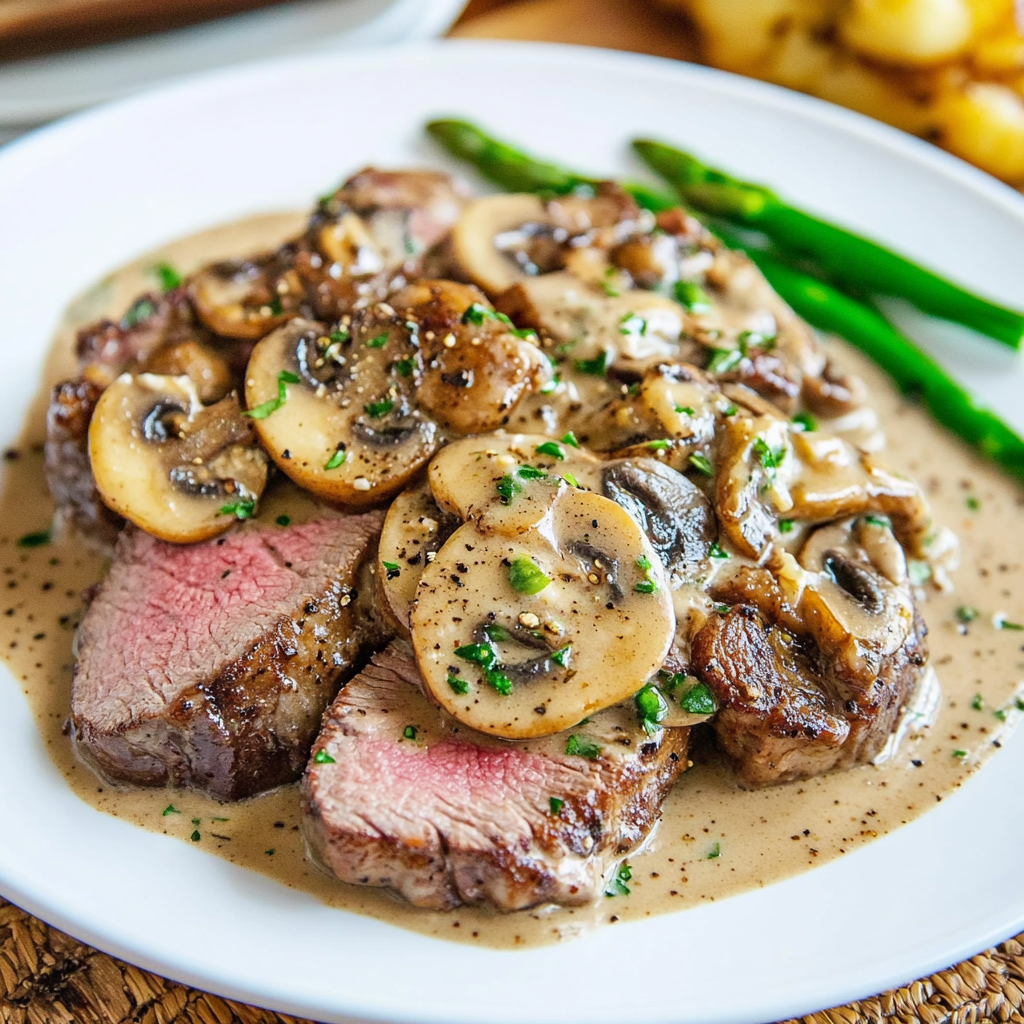 Recipe preparation for Mushroom and Peppercorn Crusted Steak in a Creamy Brie Mushroom Sauce