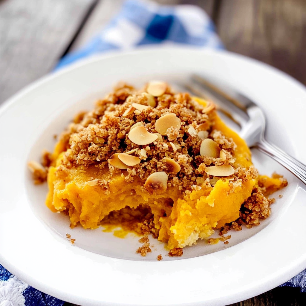 Recipe preparation for Sweet Potato Casserole with Almond Streusel Topping