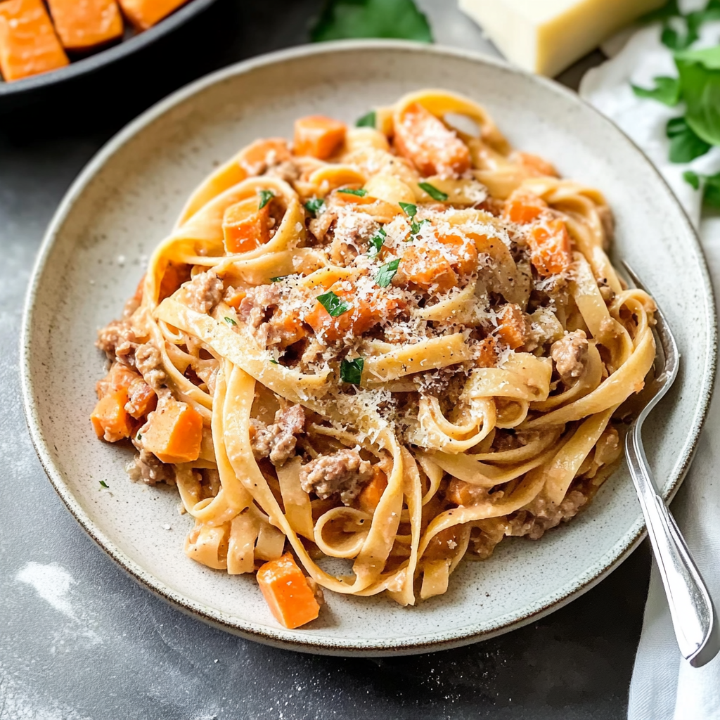 Recipe preparation for Creamy Sausage Pasta with Sweet Potato