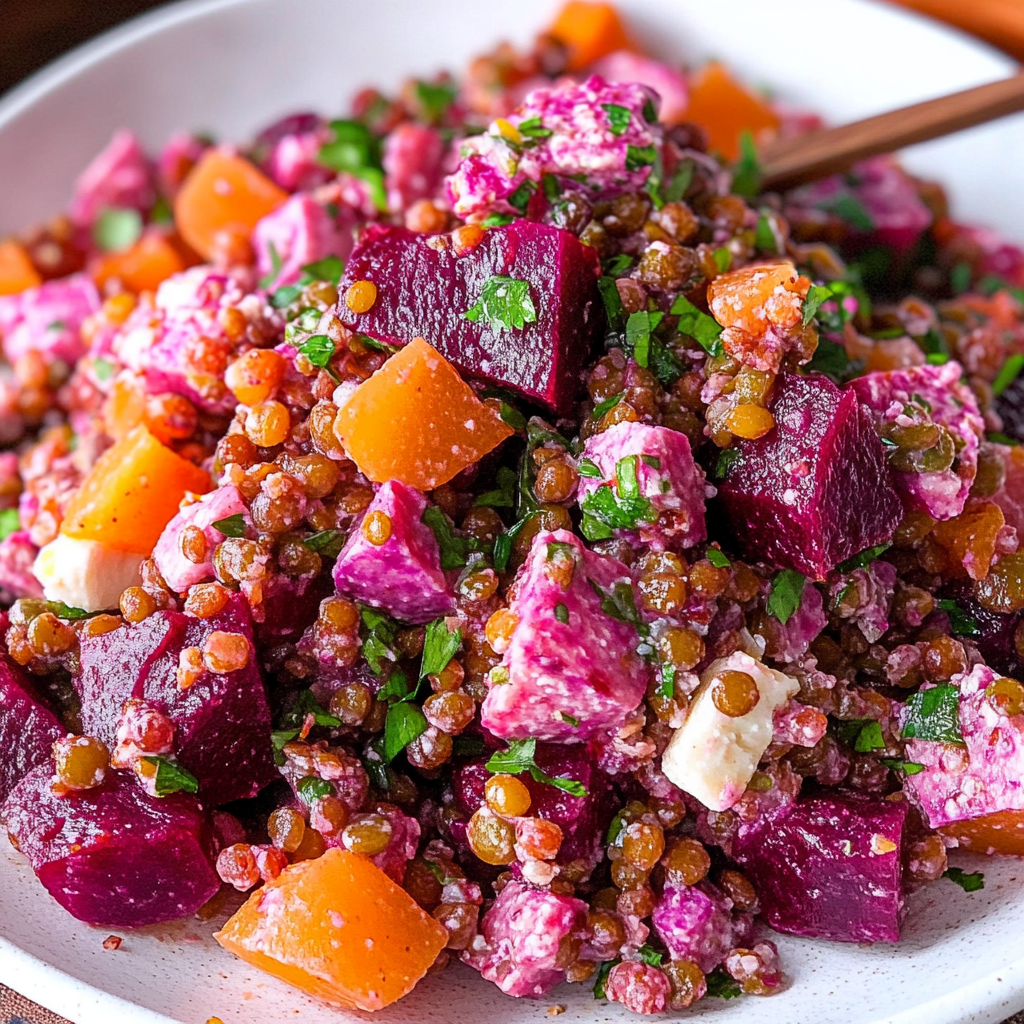Recipe preparation for Lentil Beet Salad (Greek Inspired)