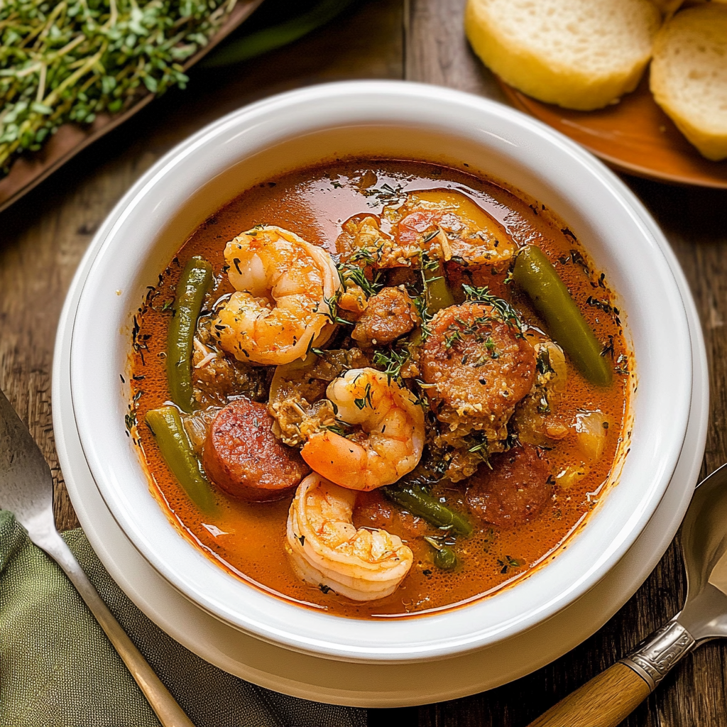 Recipe preparation for Comforting Shrimp + Sausage Gumbo Recipe