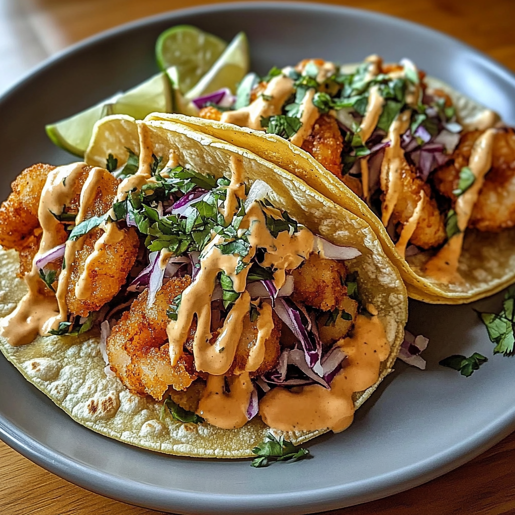 Recipe preparation for Bang Bang Shrimp Tacos Crispy