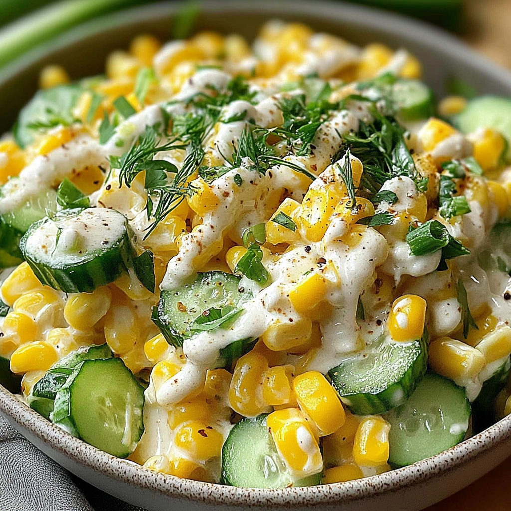 Recipe preparation for Street Corn Creamy Cucumber Salad