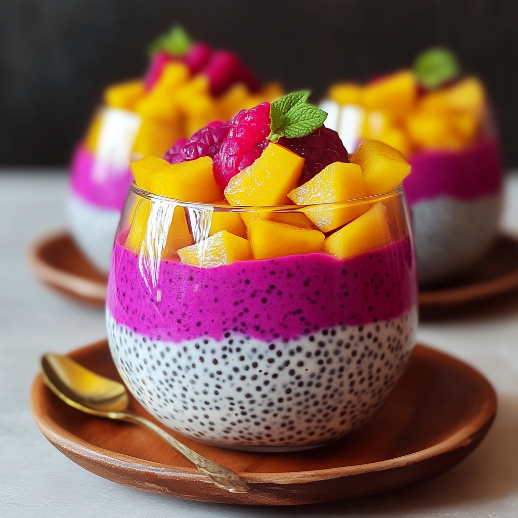 Recipe preparation for Mango and Dragon Fruit Chia Pudding