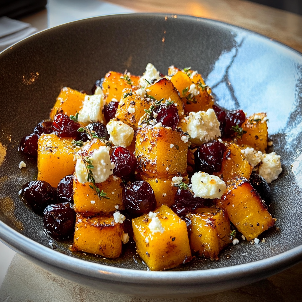 Recipe preparation for Roasted Butternut Squash with Cranberries and Feta Bliss