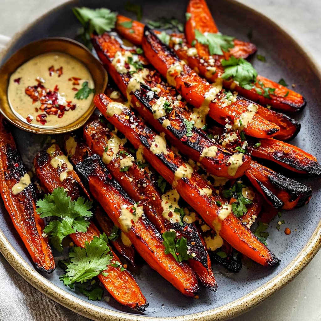 Recipe preparation for Harissa Roasted Carrots with Tahini Sauce