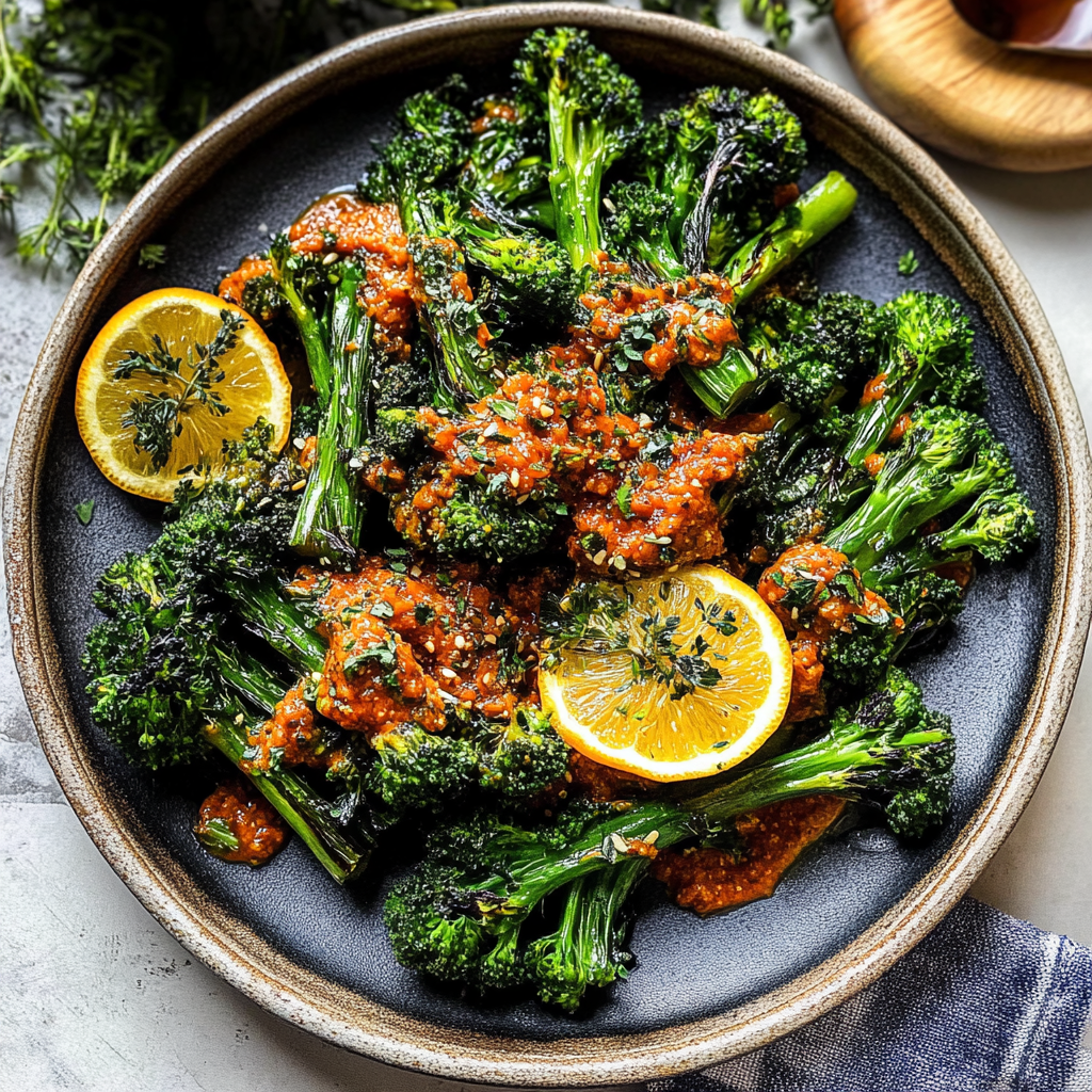 Recipe preparation for Charred Broccoli with Hazelnut Romesco