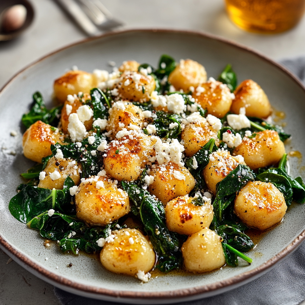Recipe preparation for Crispy Gnocchi With Spinach And Feta