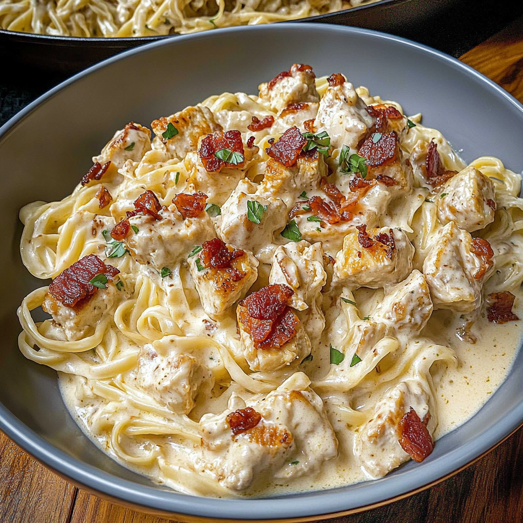 Recipe preparation for Creamy Chicken Bacon Alfredo
