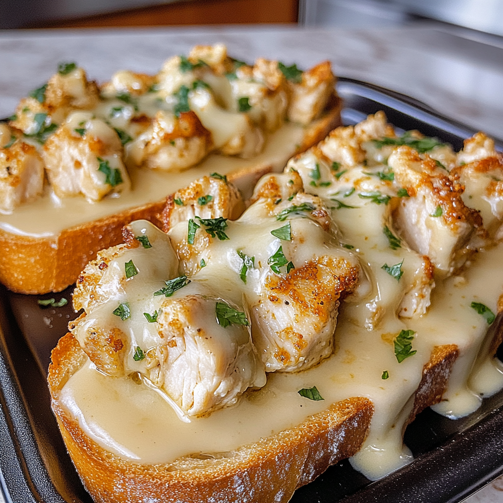 Recipe preparation for Chicken Alfredo Garlic Toast
