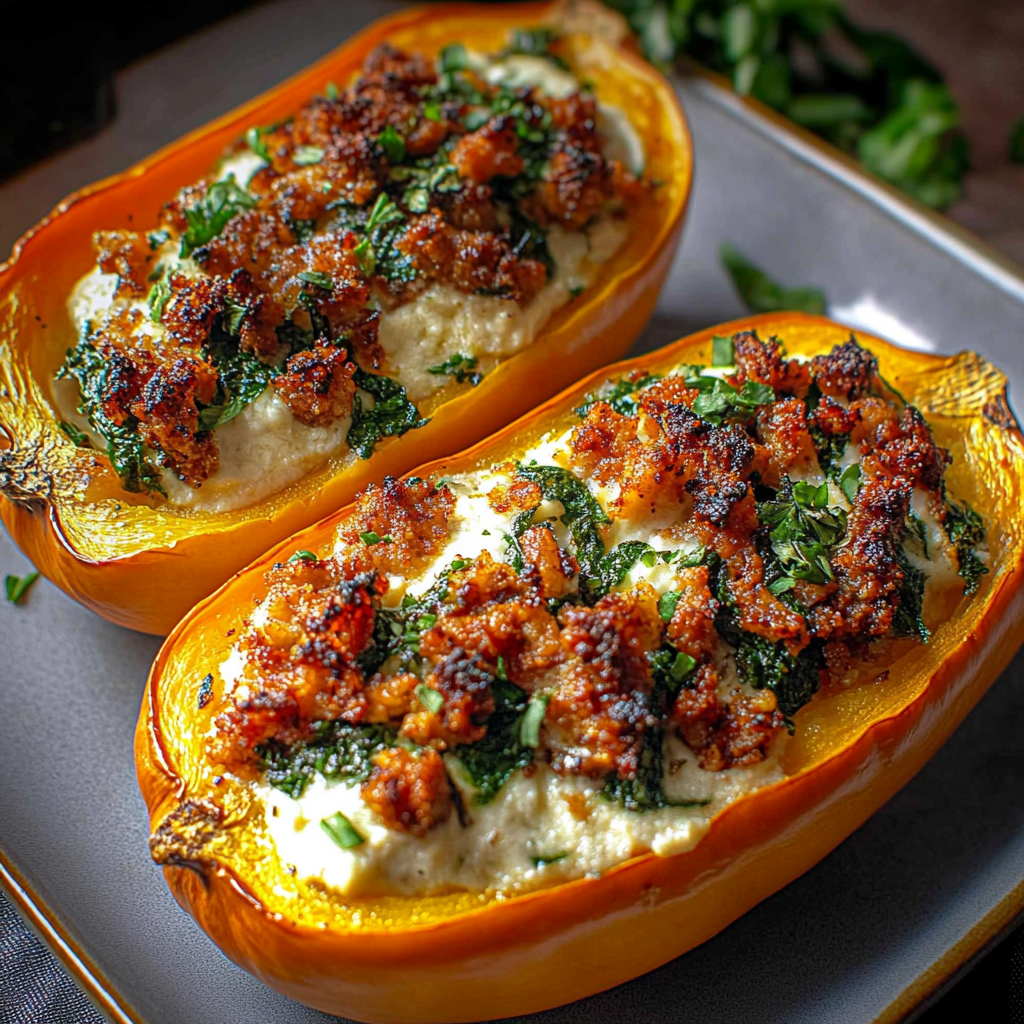 Recipe preparation for Stuffed Butternut Squash Spinach