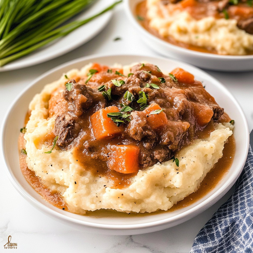 Recipe preparation for Fall Apple Cider Stew over Mashed Potatoes