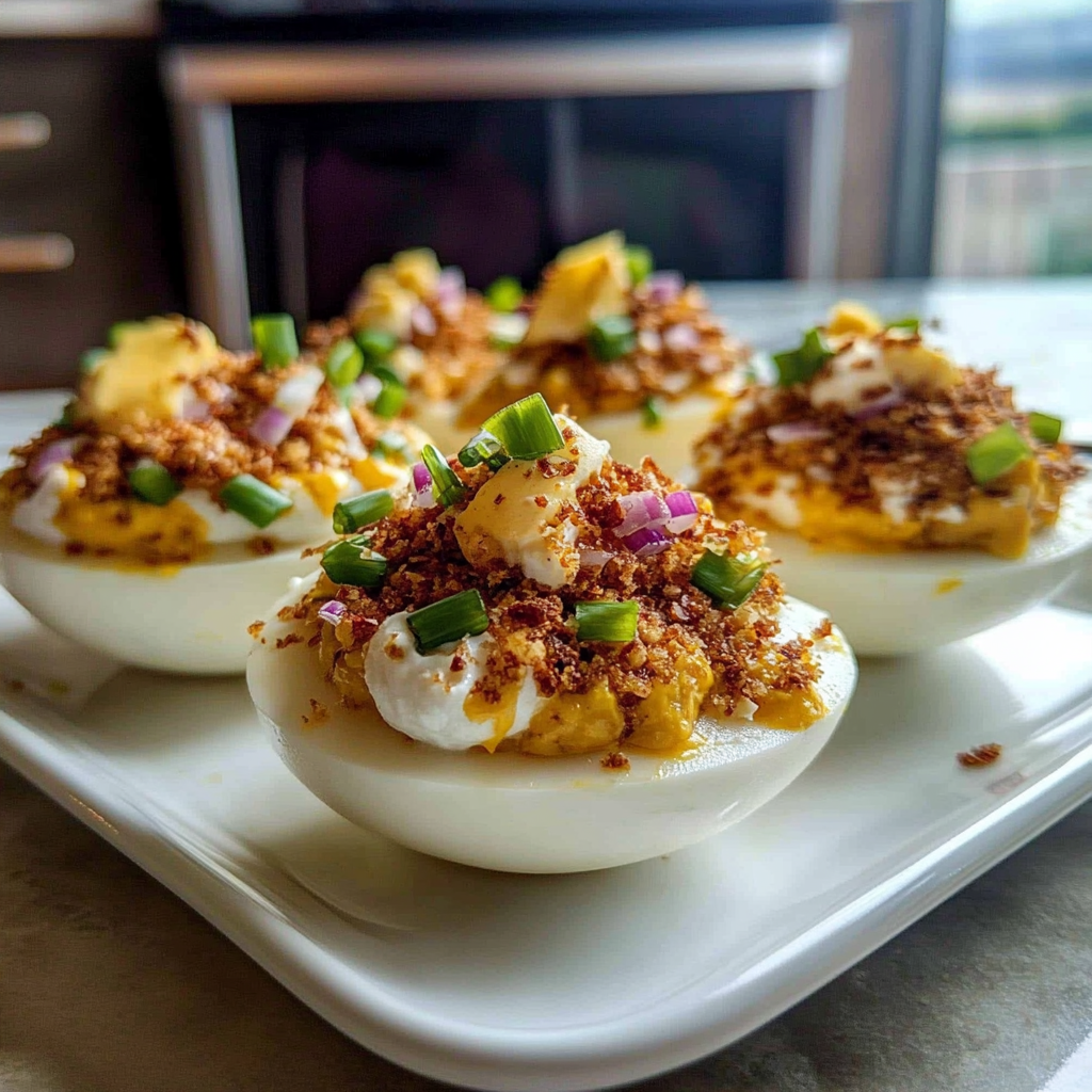 Recipe preparation for Elote Deviled Eggs