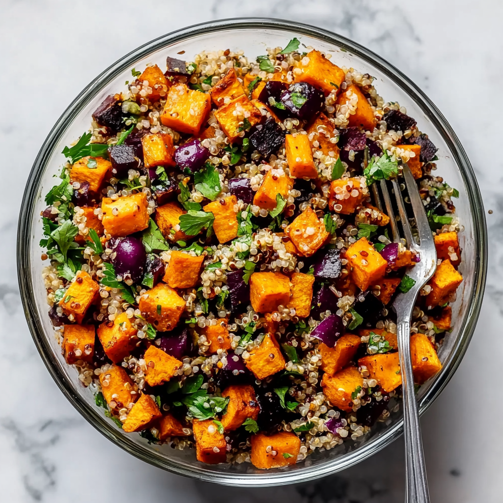 Recipe preparation for Roasted Sweet Potato Quinoa Salad
