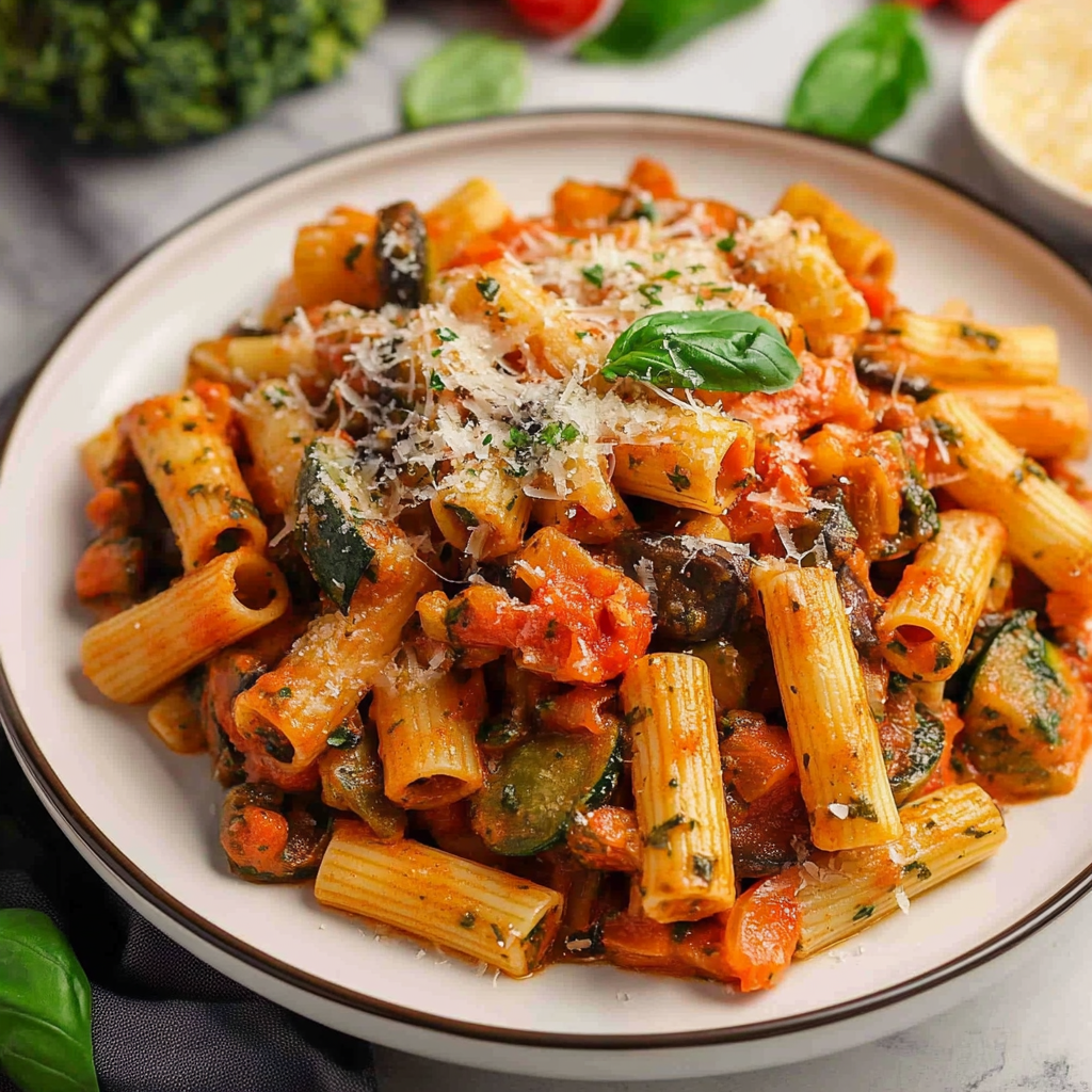 Recipe preparation for Veggie Lover's Rigatoni Dish