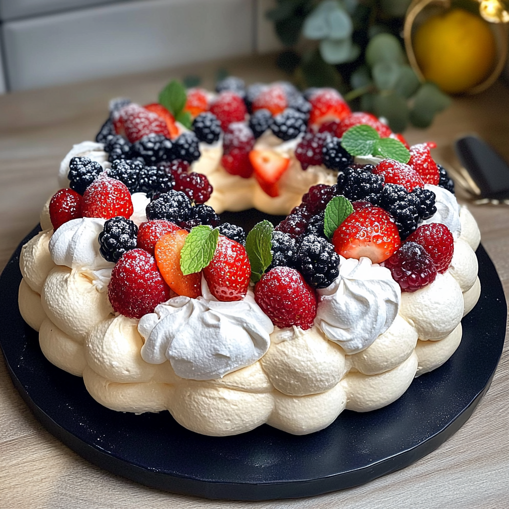 Recipe preparation for Pavlova Christmas Wreath Cake