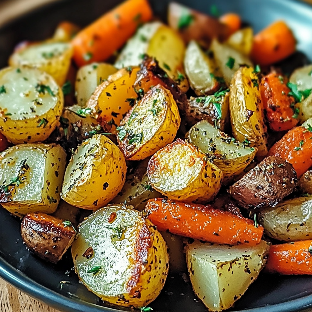 Recipe preparation for Garlic Herb Roasted Potatoes, Carrots, and Zucchini