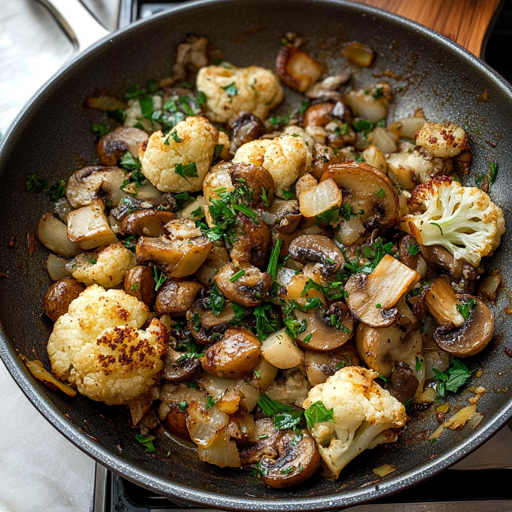 Recipe preparation for Garlic Cauliflower Mushroom Skillet