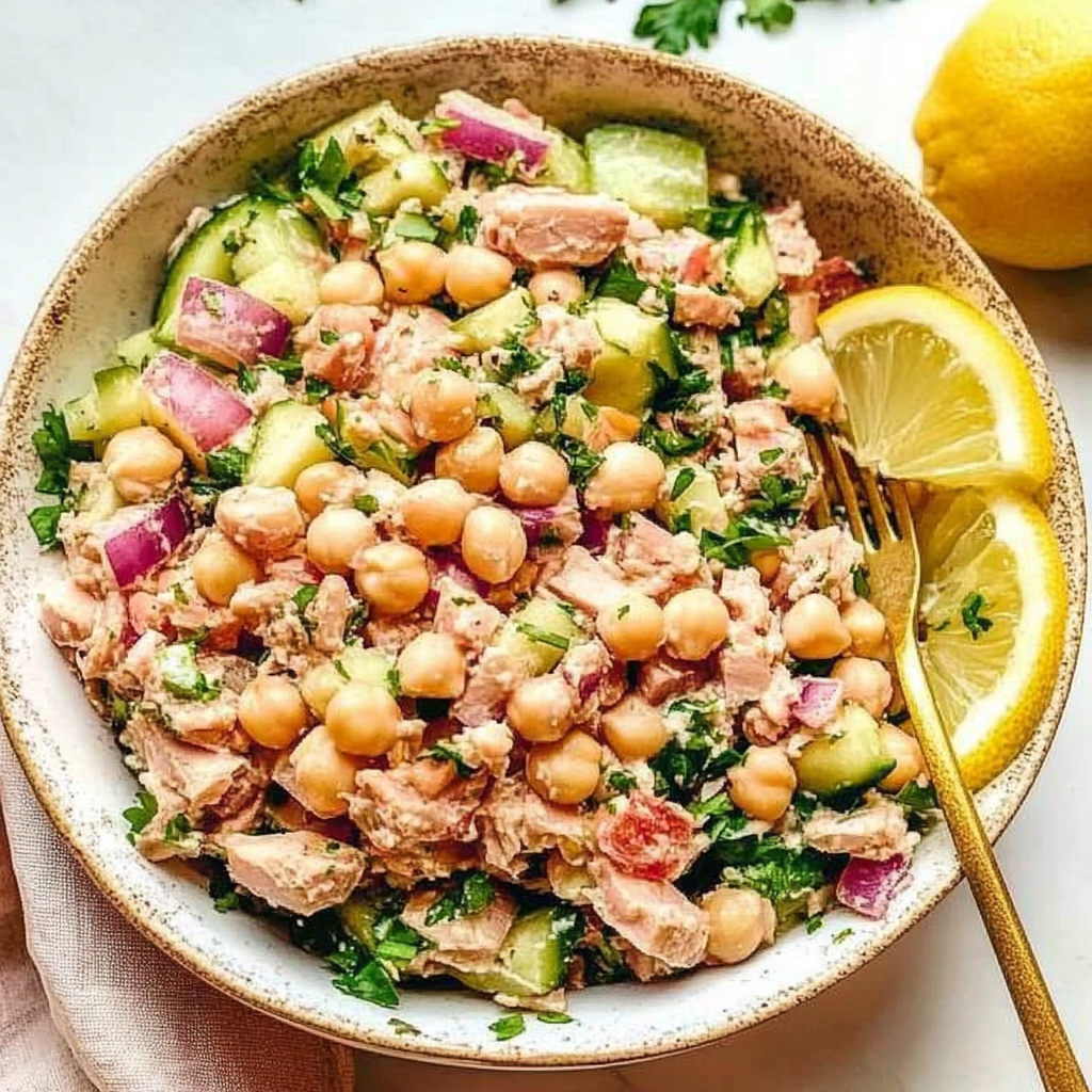 Recipe preparation for Lemon Tahini Chickpea Tuna Salad