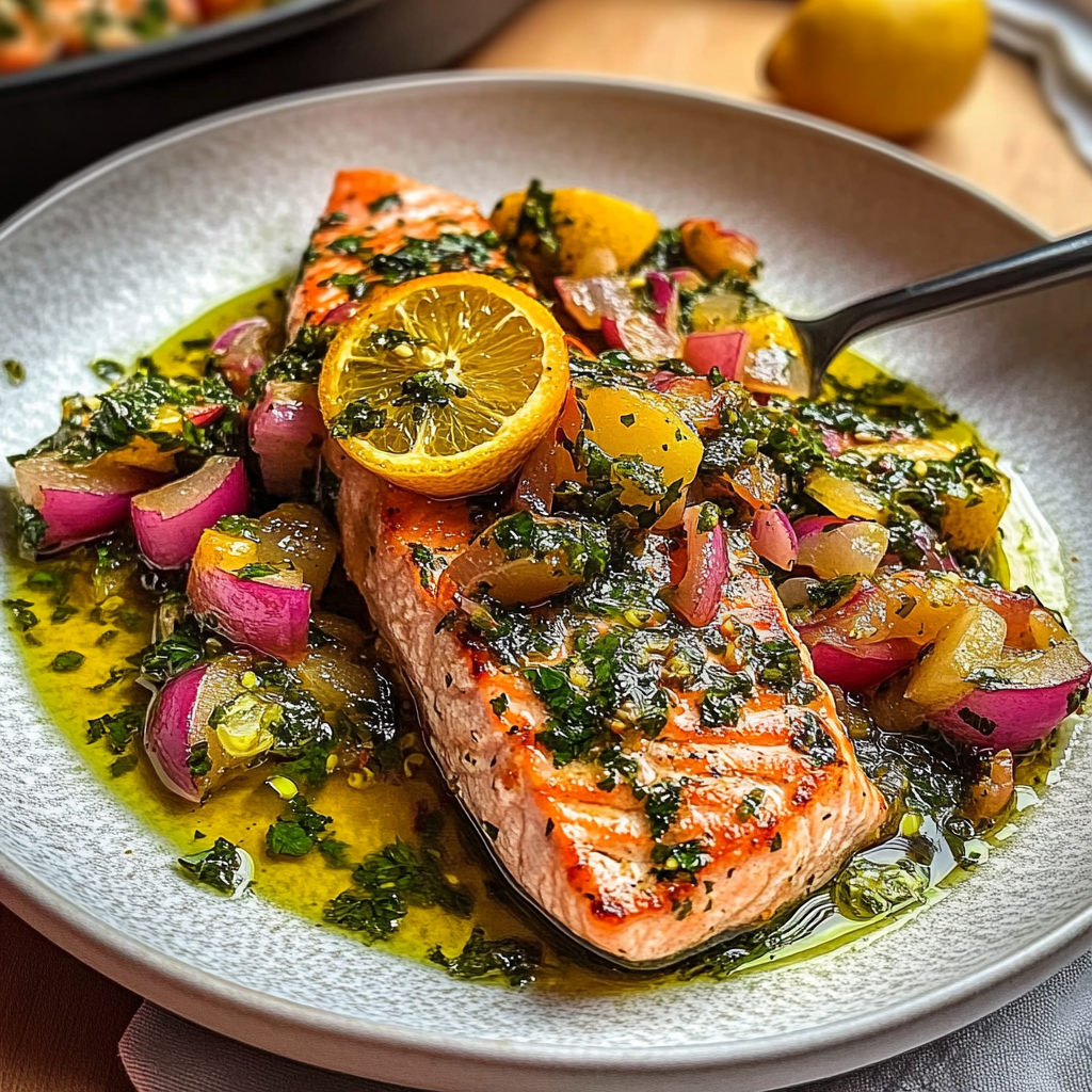 Recipe preparation for Slow Roasted Salmon with Citrus Salsa Verde