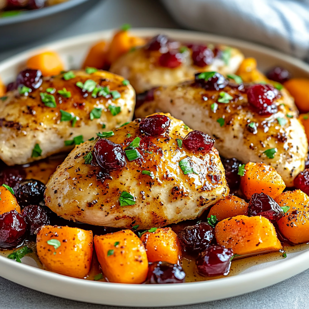 Recipe preparation for Cranberry Glazed Chicken with Carrots & Sweet Potatoes