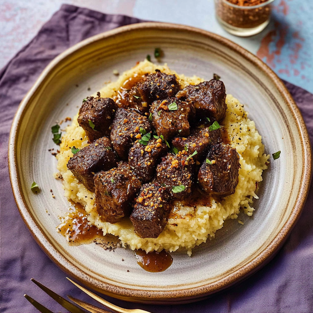 Recipe preparation for Garlic Butter Steak Bites with Parmesan Rice