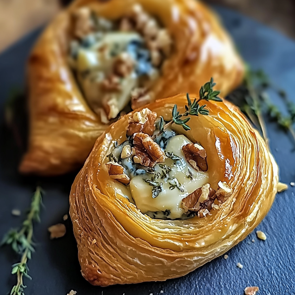 Recipe preparation for Blue Cheese Walnut Thyme Puff Pastry Twirl Recipe