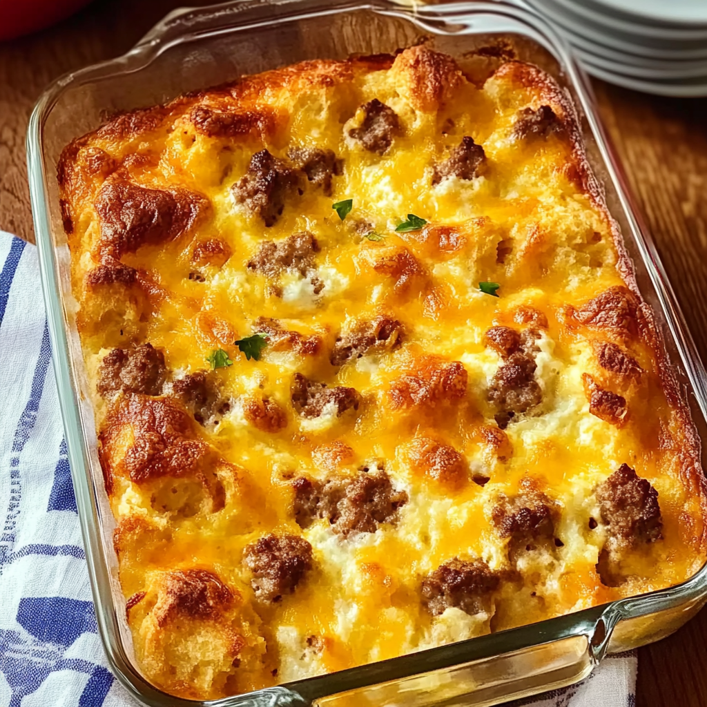 Recipe preparation for Cheddar Biscuit and Sausage Egg Bake