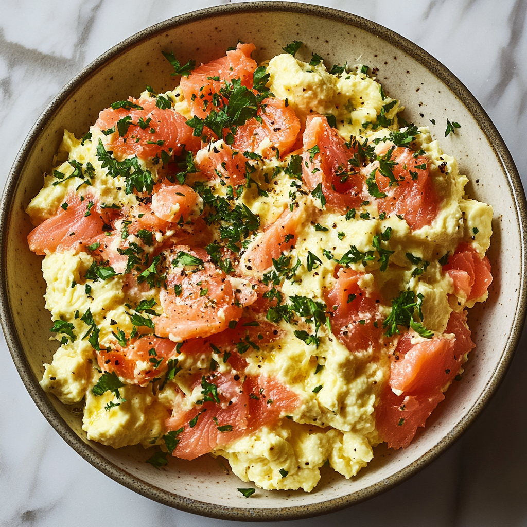 Recipe preparation for Smoked Salmon Egg Scramble